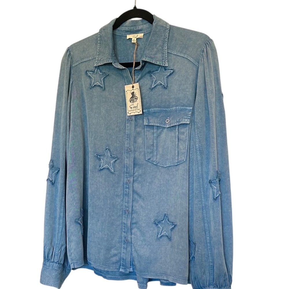 Easel Button Down Shirt Small Blue NWT Star Patchwork Chambray Western Cowgirl